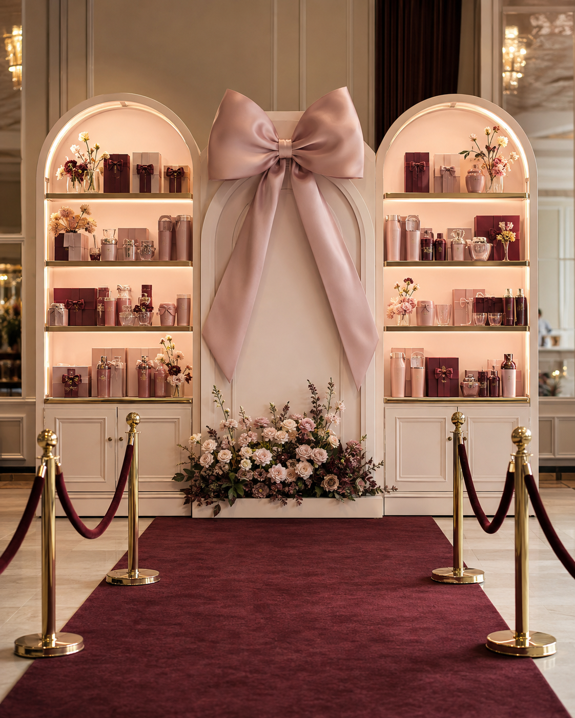 Elegant boutique-style party favor setup with illuminated shelves and bow backdrop