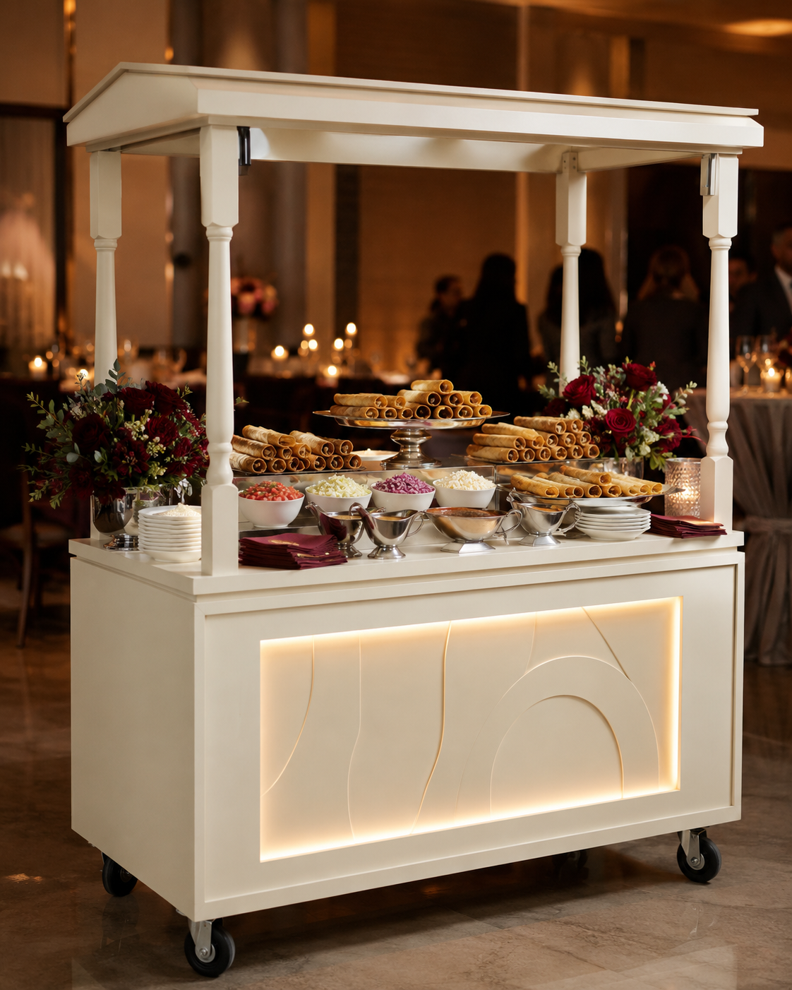 Cream event cart serving flautas and toppings