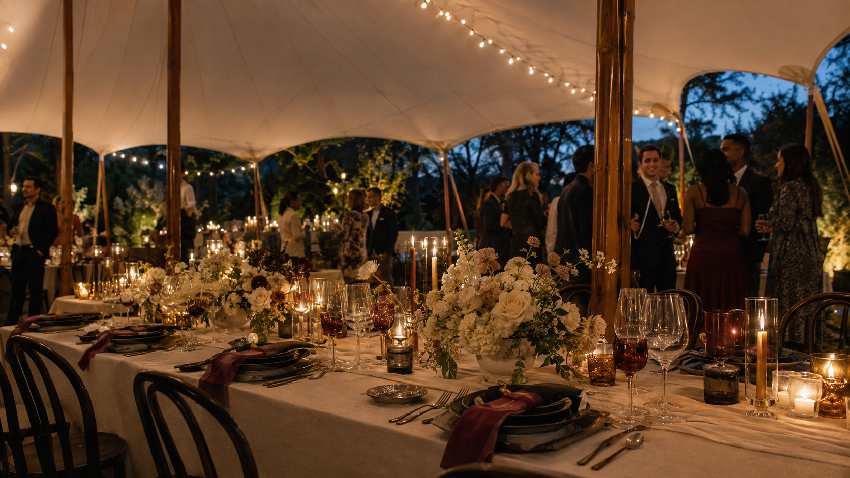 Warm evening celebration under a tent