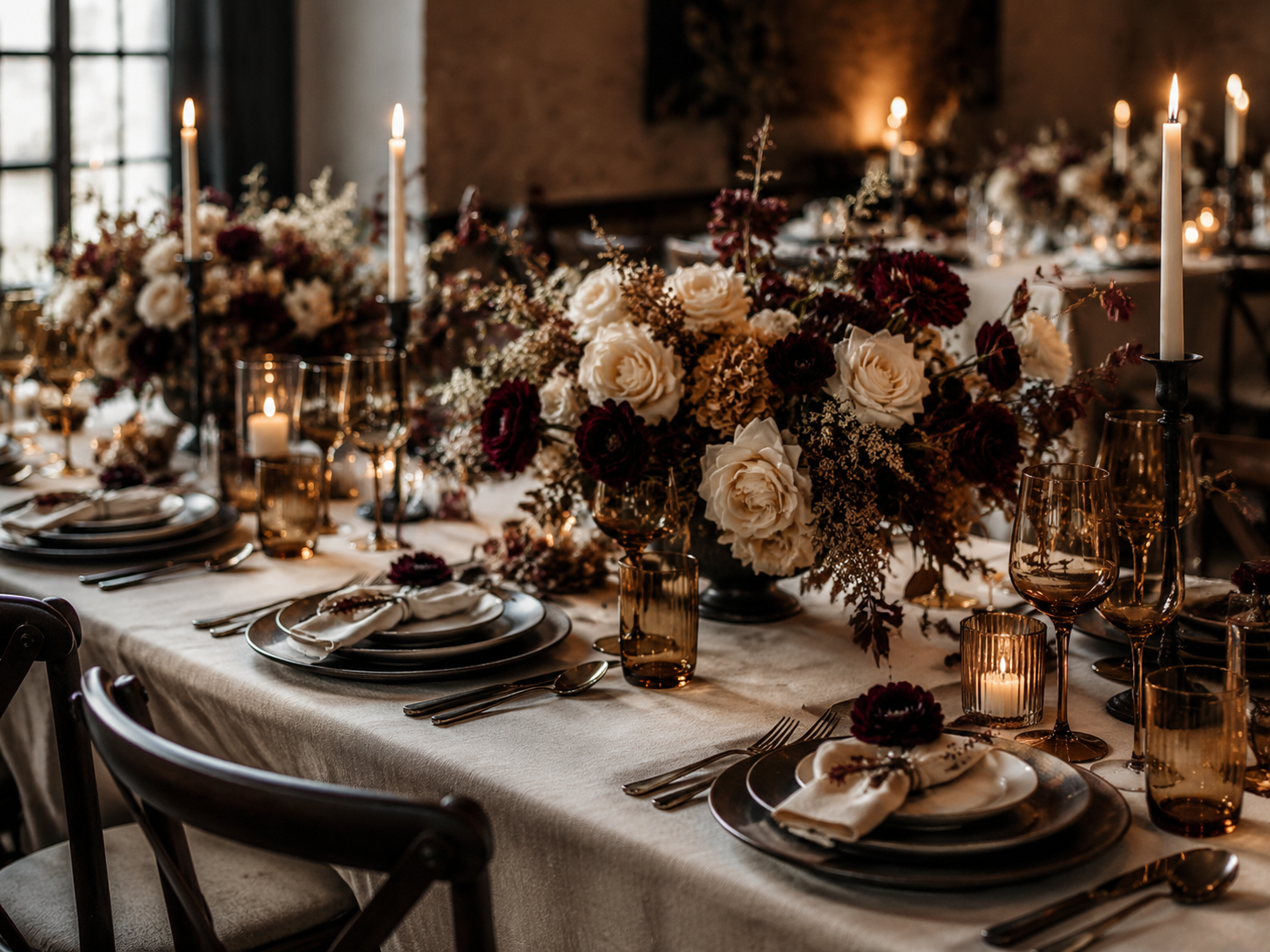 Elegant tables and chairs arranged for a celebration